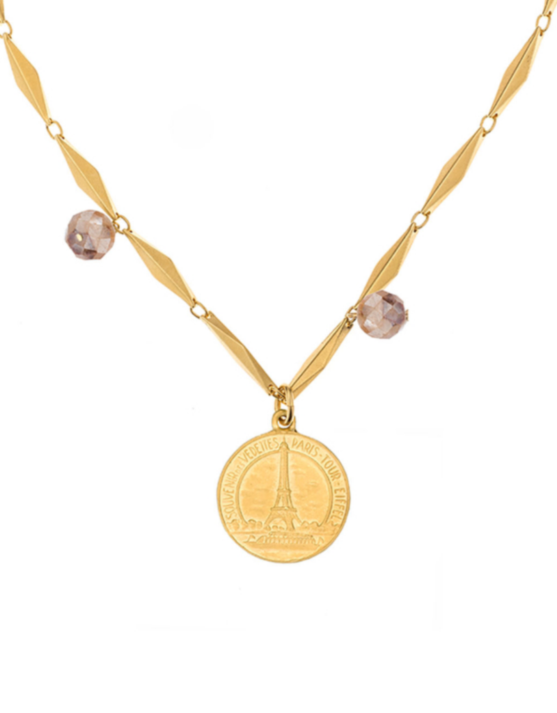 FRENCH KANDE Diamont Apricot Moonstone Necklace with Effiel Medallion