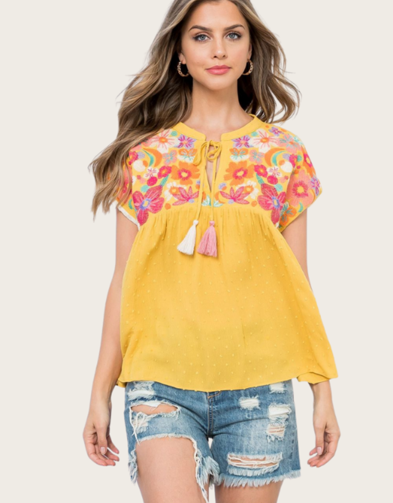 THML Mustard Embroidered Babydoll Top