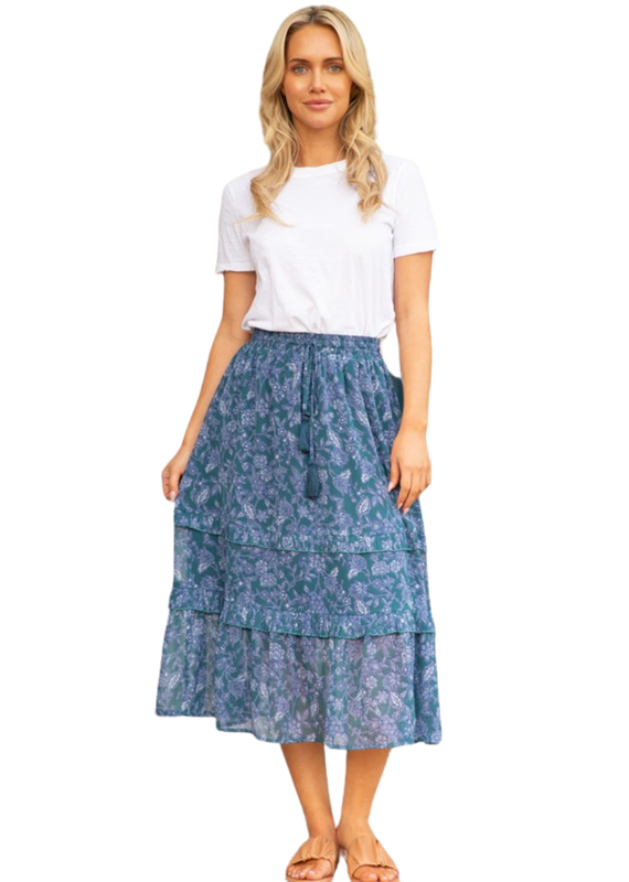 VOY Teal Oakley Tassel Floral Print Midi Skirt