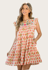 THML Abstract Print Tiered Dress with Floral Embroidery
