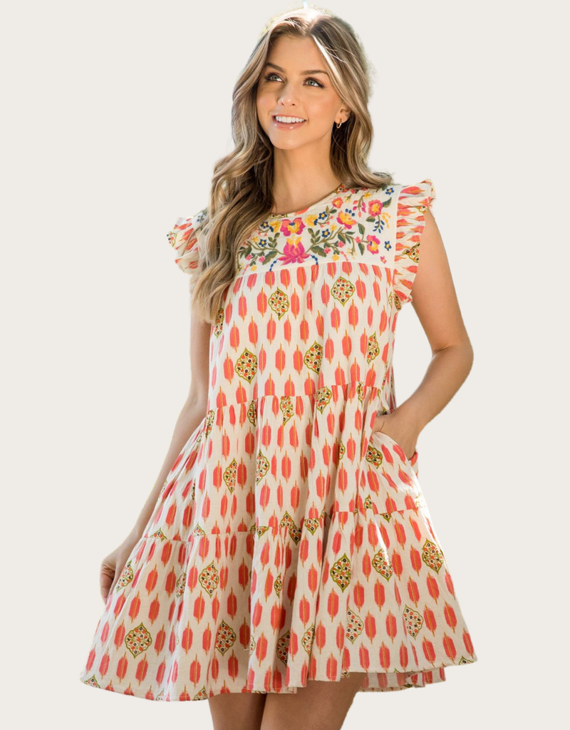 THML Abstract Print Tiered Dress with Floral Embroidery