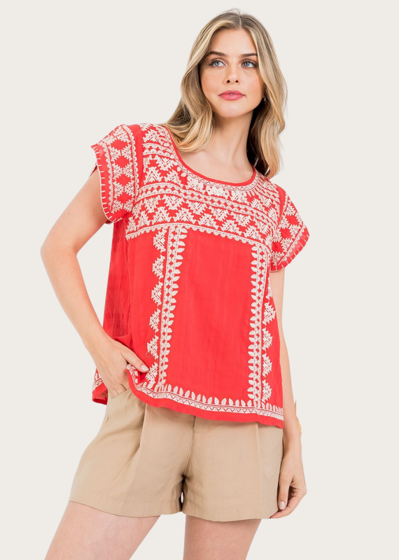 THML Tomato Top with Geometric Embroidery