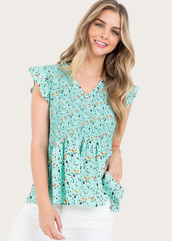 THML Smocked Teal Print Top with Flutter Sleeve
