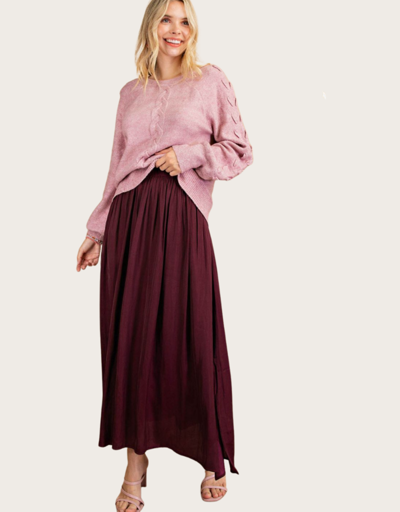Burgundy Deep Slit Skirt With Pockets