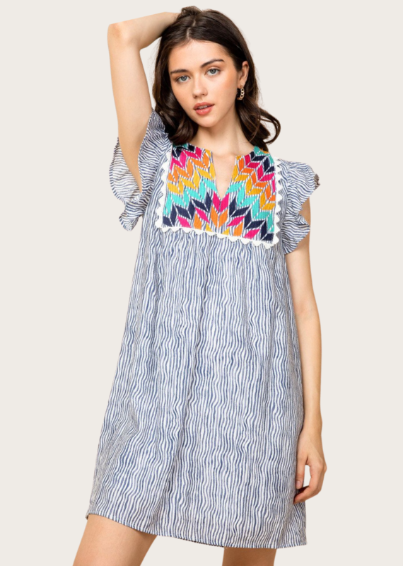 THML Blue Stripe Embroidered Dress With Ruffle Sleeves