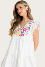 THML White Poplin Tiered Embroidered Dress