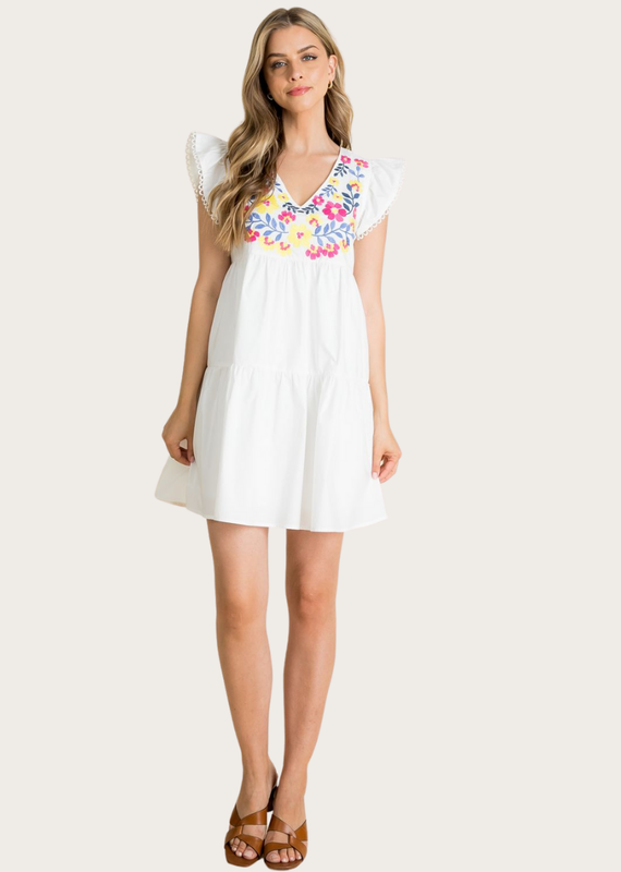 THML White Poplin Tiered Embroidered Dress