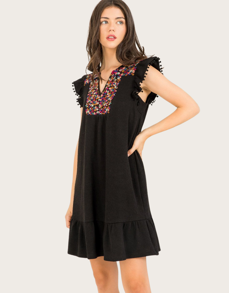 THML Black Knit Embroidered Flutter Sleeve Dress