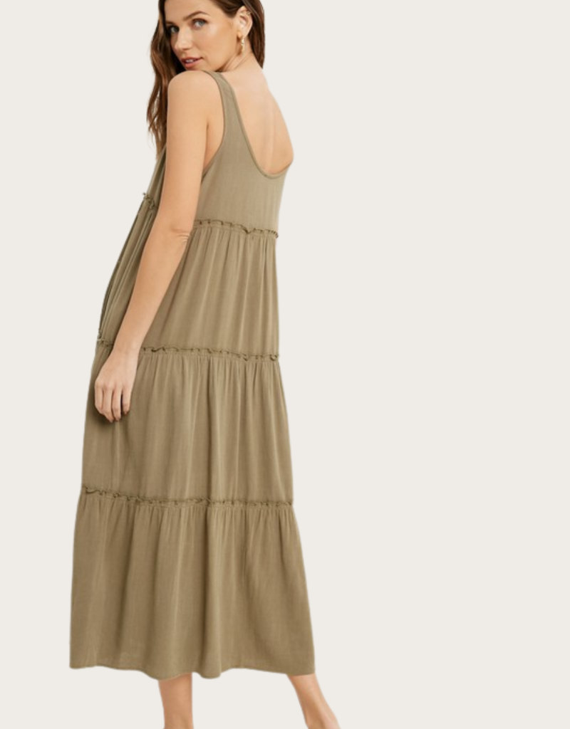WISHLIST Olive Tiered Front Side Button Midi Dress