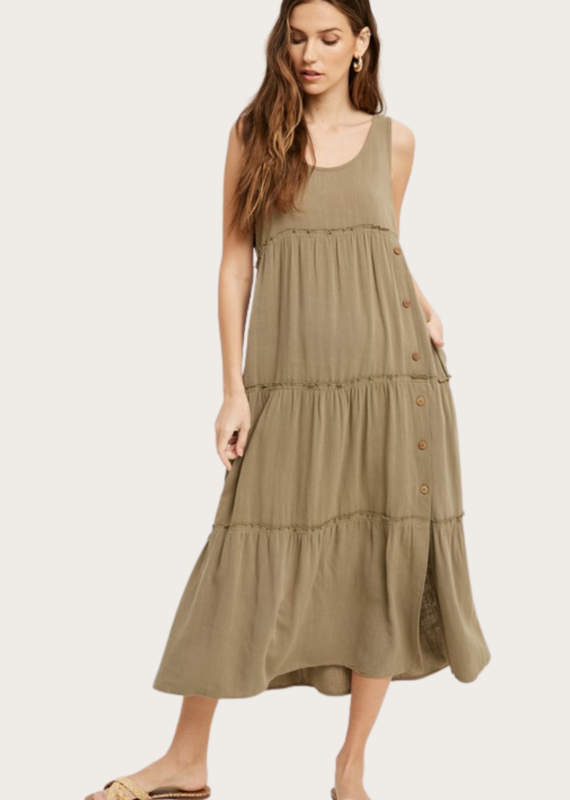WISHLIST Olive Tiered Front Side Button Midi Dress
