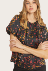 ENTRO Black Floral/Animal Print Puffed Sleeve Blouse