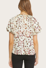 ENTRO Natural Floral/Animal Print Puffed Sleeve Blouse