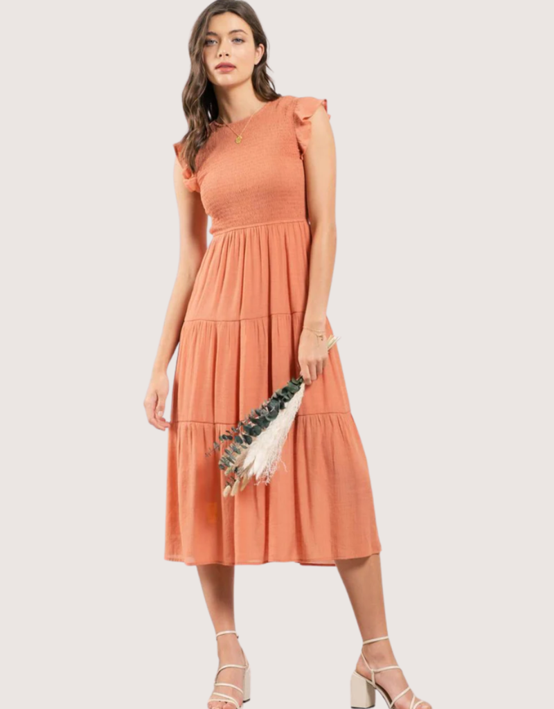 BLU PEPPER Apricot Smocked Tiered Midi Dress