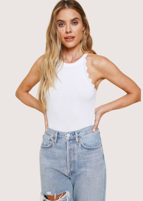 MYSTREE White Scallop Edge Neck Top