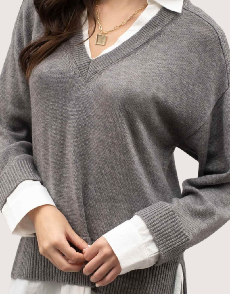 BLU PEPPER Grey Layered V Neck LS Sweater