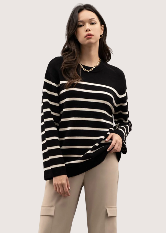 BLU PEPPER Black Drop Shoulder Striped Knit Sweater