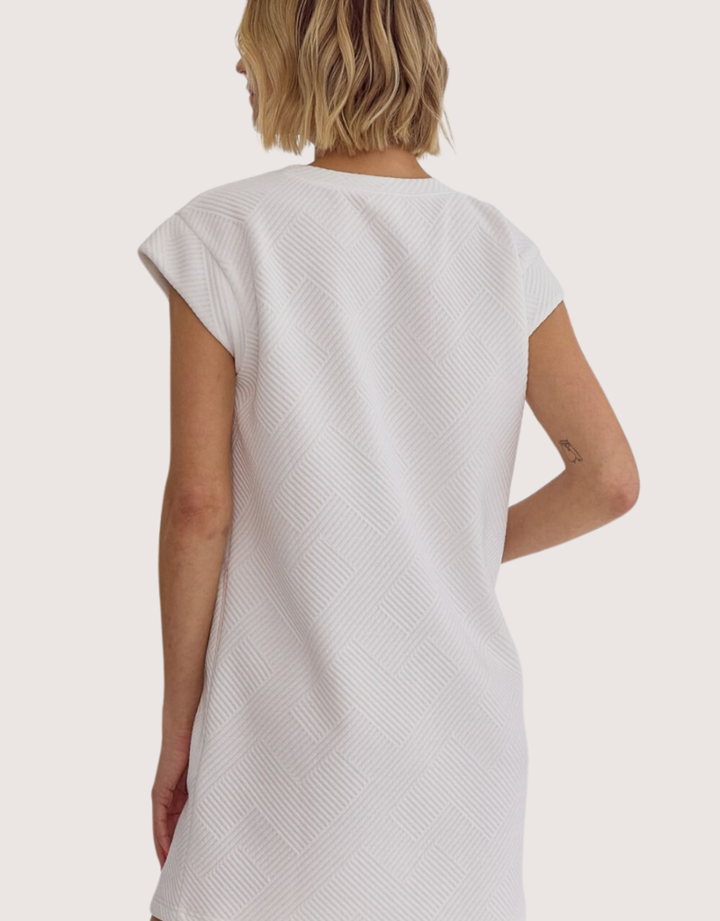 ENTRO Off White Textured T-Shirt Dress With Cap Sleeves