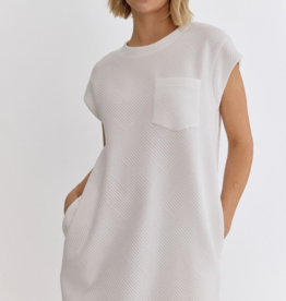 ENTRO Off White Textured T-Shirt Dress With Cap Sleeves