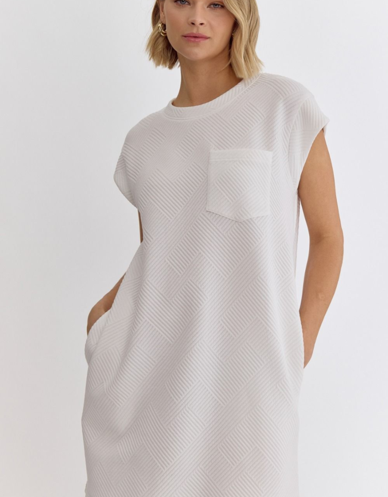 ENTRO Off White Textured T-Shirt Dress With Cap Sleeves