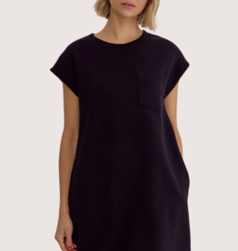 ENTRO Black Textured T-Shirt Dress With Cap Sleeves