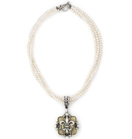 FRENCH KANDE Triple Strand Pearl with Merit Fleur Stack Medallion