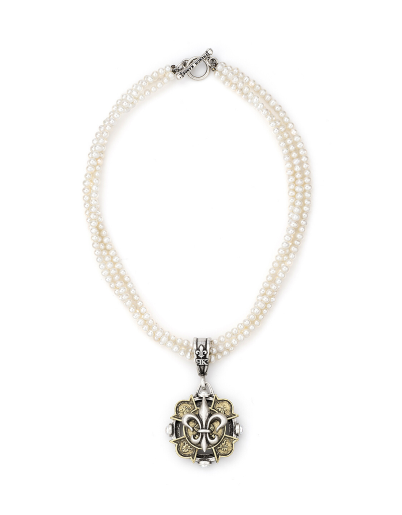FRENCH KANDE Triple Strand Pearl with Merit Fleur Stack Medallion