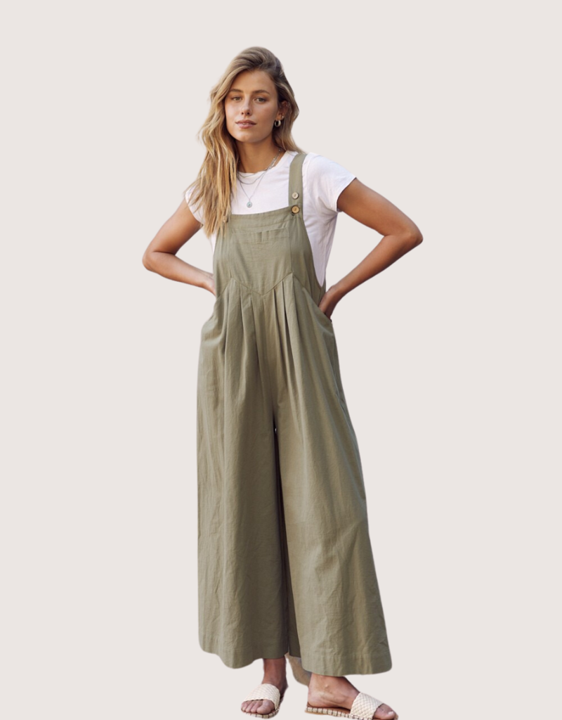 IN FEBRUARY Olive Pleated Wide Leg Overall Jumpsuit