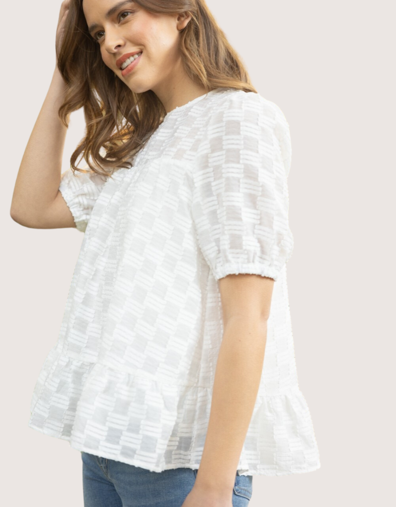 VOY Square Texture Puff Sleeve Top Ivory