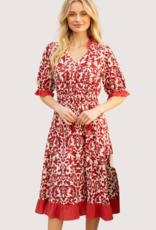 VOY Contrast Ruffle Print Midi Dress Burgundy