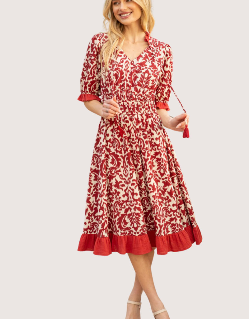 VOY Contrast Ruffle Print Midi Dress Burgundy