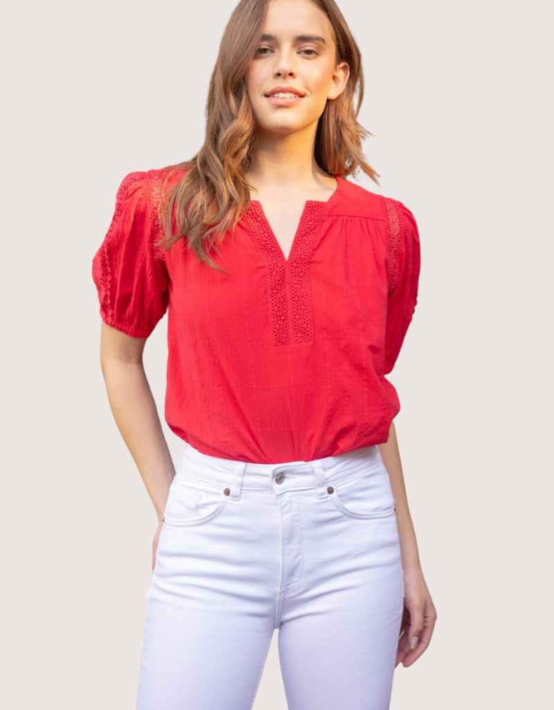 VOY Lace Detail Short Sleeve Top Bright Red