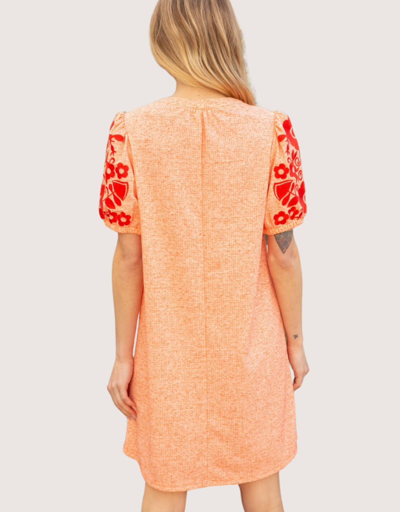 VOY Embroidered Puff Sleeve Shift Dress Orange Cream