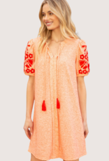 VOY Embroidered Puff Sleeve Shift Dress Orange Cream