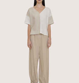 GRADE & GATHER Off White Two Tone Linen Blouse