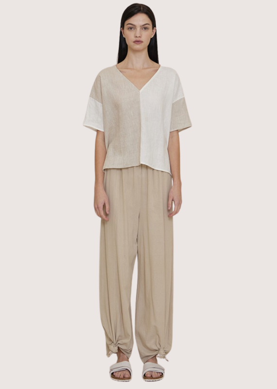 GRADE & GATHER Off White Two Tone Linen Blouse