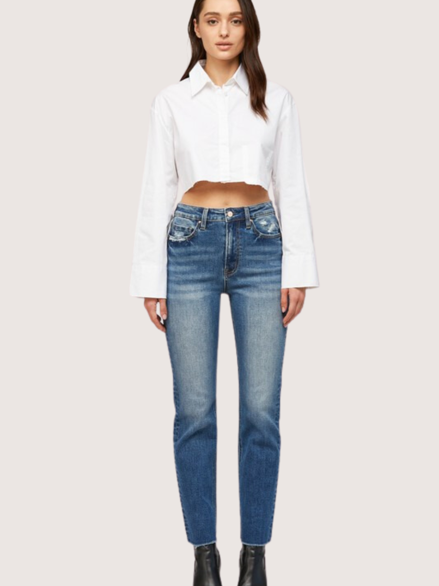 ■ ■ Here Mid Blue High Rise Straight Fit Mid Bl Le High Straight mid-rise jeans in blue - Frame | Mytheresa