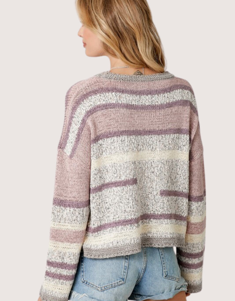 MYSTREE Lav/Grey Multi Color Stripe Pullover Sweater