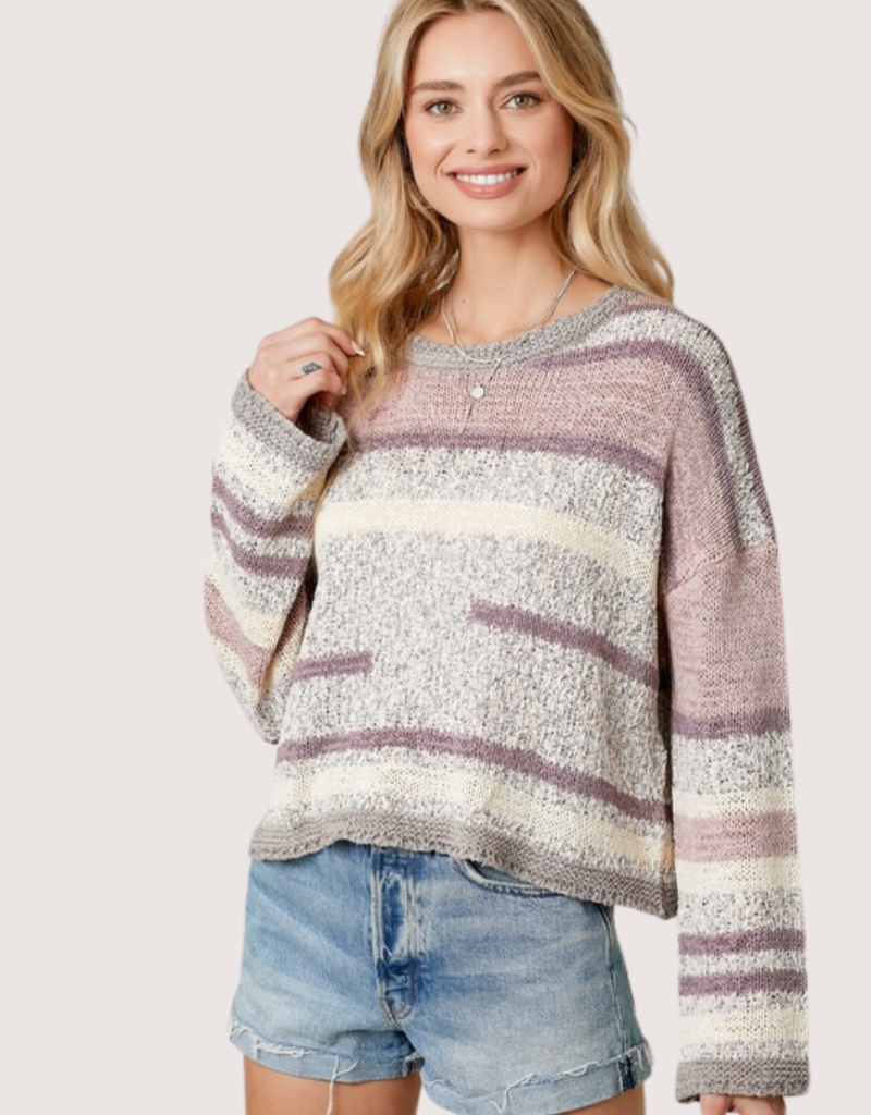 MYSTREE Lav/Grey Multi Color Stripe Pullover Sweater