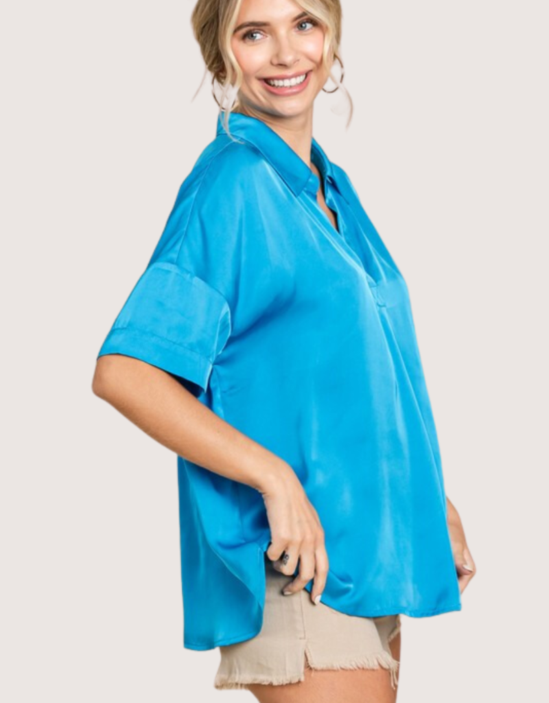 JODIFL Turquoise SS V-Neck Top