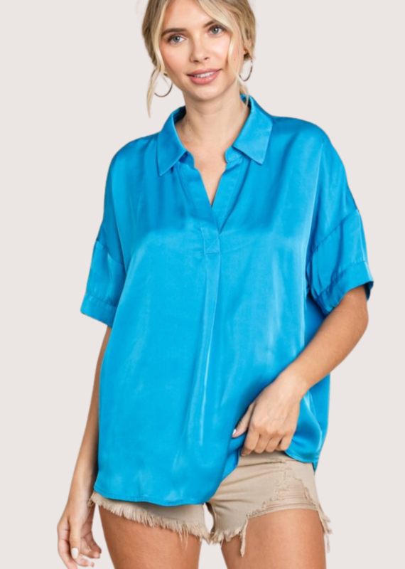 JODIFL Turquoise SS V-Neck Top