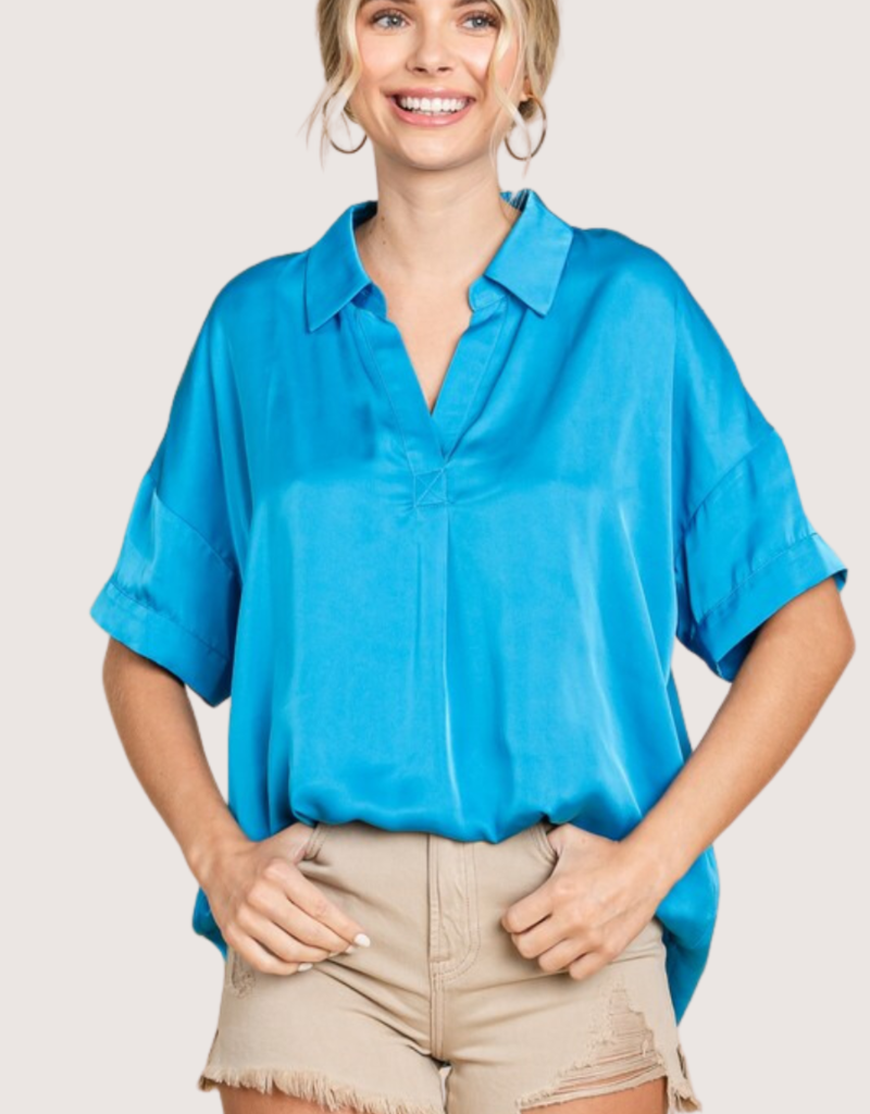 JODIFL Turquoise SS V-Neck Top