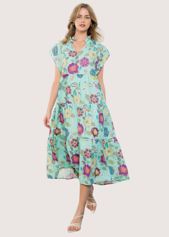 THML Mint Flower Print Tiered Maxi Dress
