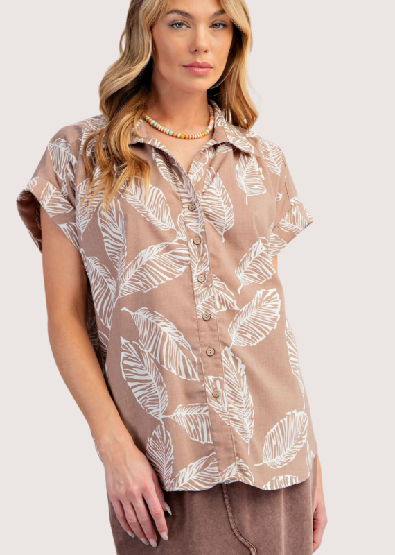 Mocha SS Leaf Printed Top