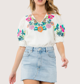 THML Cream Short Balloon Sleeve Embroidered Top