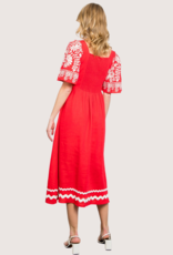 THML Red Embroidered Sleeves Midi Dress