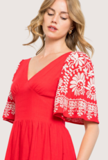 THML Red Embroidered Sleeves Midi Dress