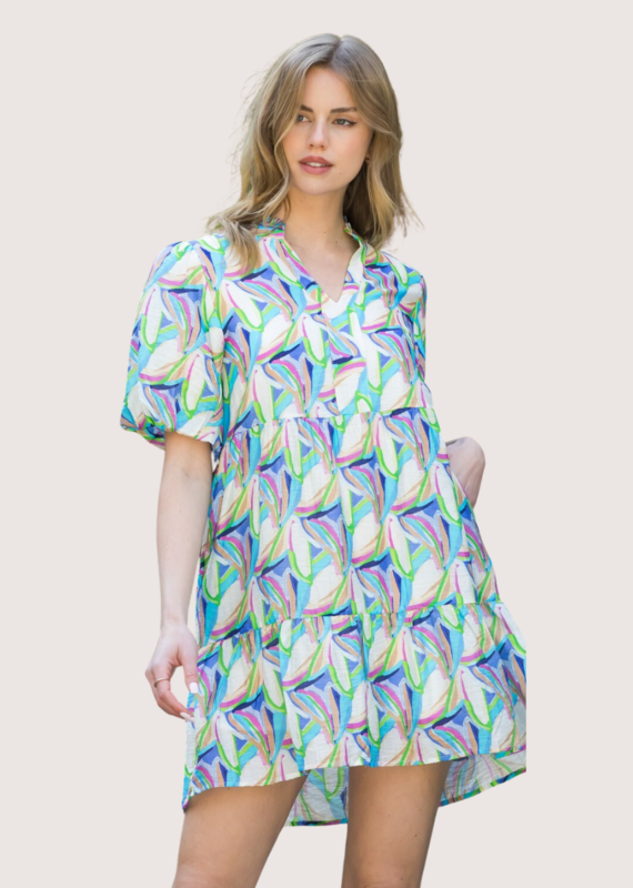 THML Puff Sleeve Print Tiered Dress