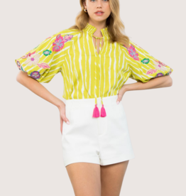 THML Embroidered Puff Sleeve Striped Top
