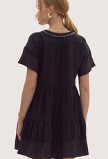 ENTRO Black Contrast Stitch Tiered Short Sleeve V-Neck Dress