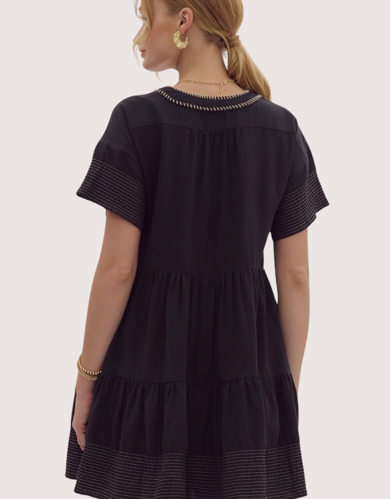 ENTRO Black Contrast Stitch Tiered Short Sleeve V-Neck Dress